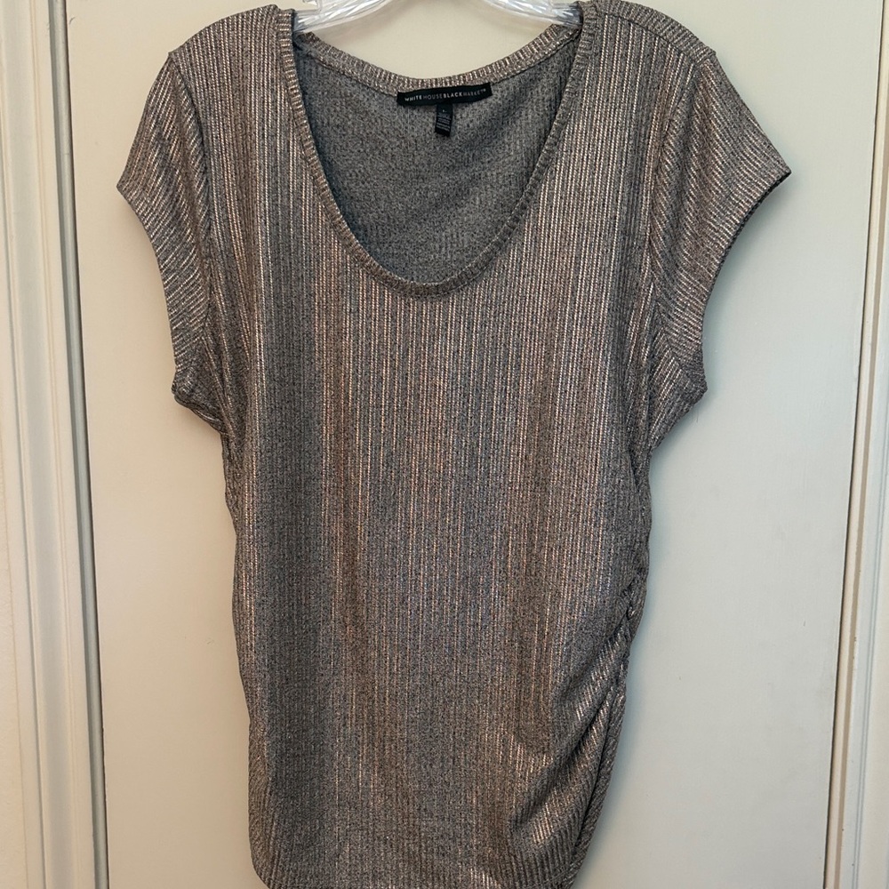 White House Black Market Rose Gold Ribbed Scoop Neck Top with ruched sides